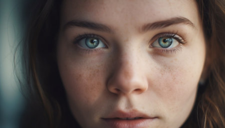 Cute young girl with blue eyes staring outdoors, smiling joyfully generated by artificial intelligenceの素材