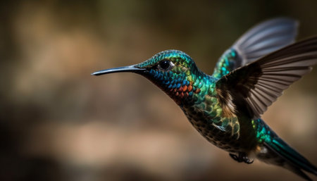 Vibrant rufous hummingbird hovers mid air, pollinating with iridescent feathers generated by artificial intelligenceの素材