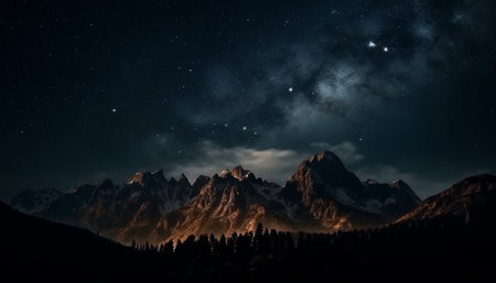 Majestic mountain peak illuminated by star field in tranquil scene generated by artificial intelligenceの素材