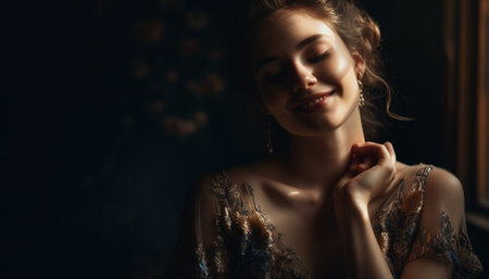 Beautiful young woman exudes confidence and elegance in studio portrait generated by artificial intelligenceの素材