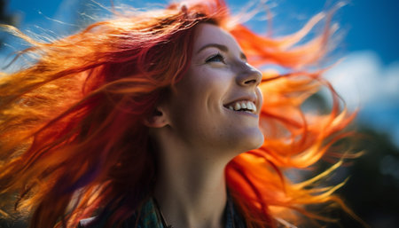 Young woman enjoying carefree summer outdoors with a toothy smile generated by artificial intelligenceの素材