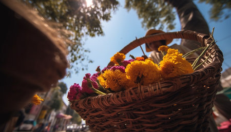 Fresh bouquet of multi colored flowers in wicker basket for decoration generated by artificial intelligenceの素材