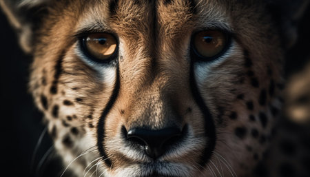 Majestic African cheetah staring, watching hunter in wilderness area generated by artificial intelligenceの素材