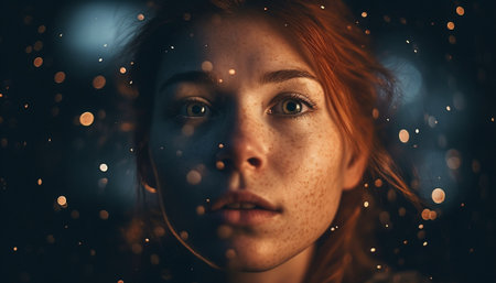 Young adult Caucasian woman looking at camera in snowy night generated by artificial intelligenceの素材