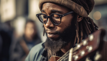 One fashionable guitarist playing guitar outdoors with confidence and skill generated by artificial intelligenceの素材