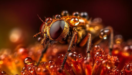 Small hairy bee collects pollen from yellow flower in nature generated by artificial intelligenceの素材