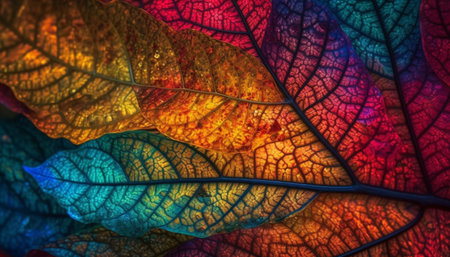 Vibrant autumn foliage showcases nature beauty in multi colored patterns generated by artificial intelligenceの素材