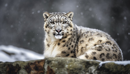 Snow leopard, majestic and spotted, walking through winter wilderness generated by artificial intelligenceの素材