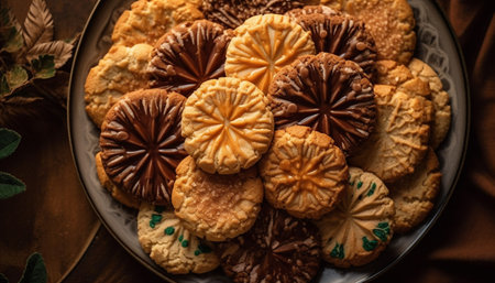 Homemade rustic shortbread with cranberry and pecan decoration on wood generated by artificial intelligenceの素材
