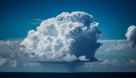 Transparent cumulus clouds float high up in the bright sky generated by artificial intelligenceの素材