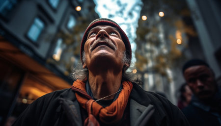 Smiling young adult man in warm clothing walking at night generated by artificial intelligenceの素材