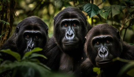 Primate portrait: Endangered bonobo staring, strong macaque in background generated by artificial intelligenceの素材