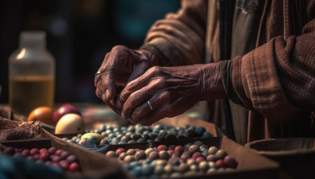 One man holding a basket of fresh blueberries for preparation generated by artificial intelligenceの素材