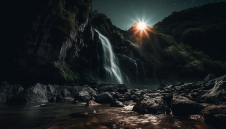 Tranquil scene of majestic mountain range reflected in flowing water generated by artificial intelligenceの素材