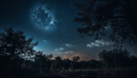 Silhouette of spooky tree against milky way star field mystery generated by artificial intelligenceの素材