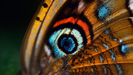 Vibrant multi colored butterfly wing showcases beauty in nature design generated by artificial intelligenceの素材