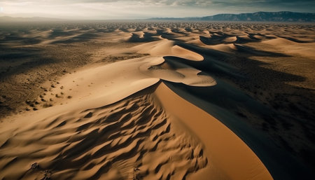 Rippled sand dunes in arid Africa, a tranquil beauty in nature generated by artificial intelligenceの素材