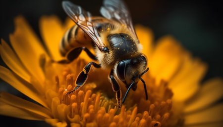 Busy honey bee collecting pollen from a yellow flower head generated by artificial intelligenceの素材