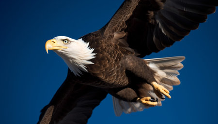 Bald eagle flying majestically with spread wings in clear sky generated by artificial intelligenceの素材