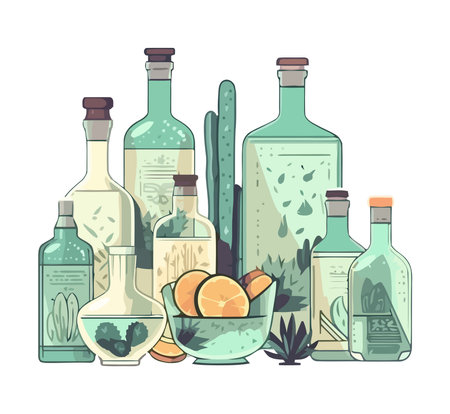 Organic medicine bottle design with herbal plantのイラスト素材