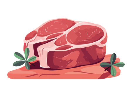 Fresh pork chop on organic leaf plateのイラスト素材