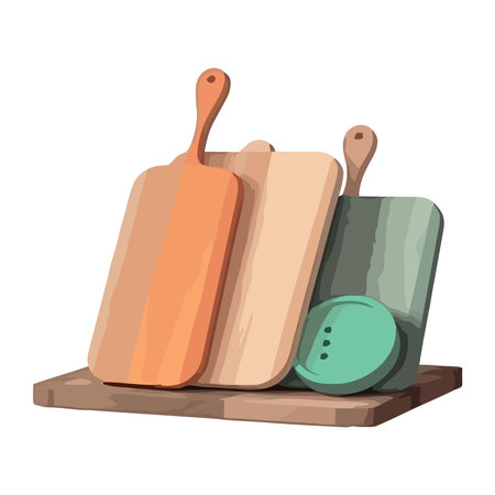 Kitchen utensils on wooden cutting boardsのイラスト素材