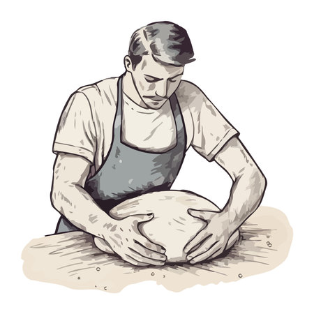 man kneading dough, preparing homemade breadのイラスト素材