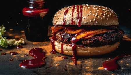 Grilled beef burger with cheese, onion, tomato, and fries generated by artificial intelligenceの素材