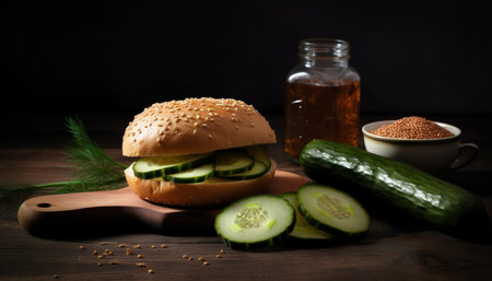 Fresh grilled burger on rustic wooden table with healthy salad generated by artificial intelligenceの素材