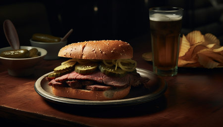 Grilled cheeseburger on rustic wood plate, ready to eat indoors generated by artificial intelligenceの素材