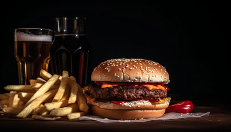 Grilled beef burger with cheese, fries, and cola refreshment generated by artificial intelligenceの素材