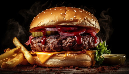 Grilled cheeseburger on sesame bun with French fries, a classic American meal generated by artificial intelligenceの素材