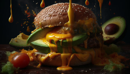 Grilled beef burger with tomato, cheese, and fresh vegetables generated by artificial intelligenceの素材