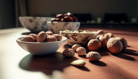 Fresh organic fruit snack in rustic wooden bowl on table generated by artificial intelligenceの素材