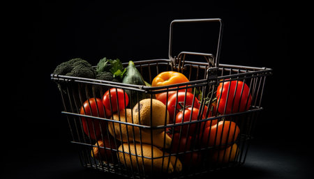 Fresh vegetables and fruits in a basket on black background generated by artificial intelligenceの素材