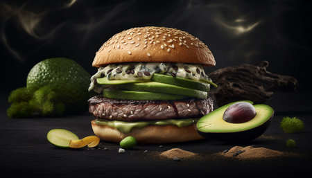 Grilled gourmet cheeseburger with avocado and fresh vegetables on rustic bun generated by artificial intelligenceの素材