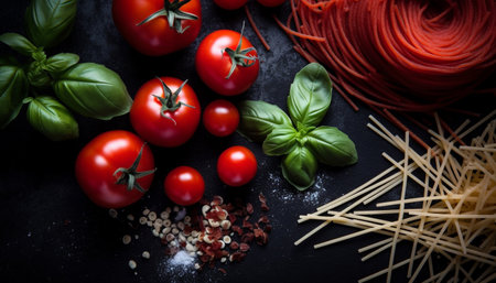 Healthy vegetarian pasta meal with fresh tomato and herb ingredients generated by artificial intelligenceの素材