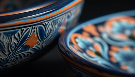 Ornate blue pottery bowl with floral pattern, an antique souvenir generated by artificial intelligenceの素材