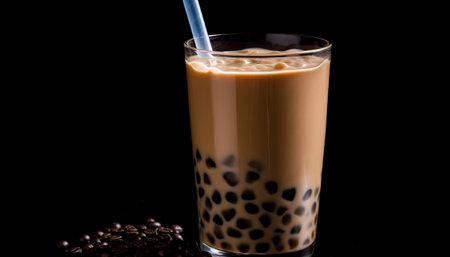 Frothy mocha latte on black background with chocolate dessert generated by artificial intelligenceの素材