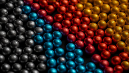 Vibrant colored Christmas ornaments in a row, shiny and elegant generated by artificial intelligenceの素材