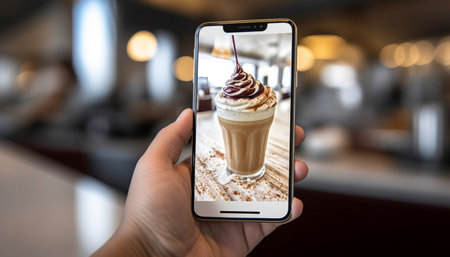 Businessman holding wireless smart phone, enjoying frothy cappuccino indoors generated by artificial intelligenceの素材