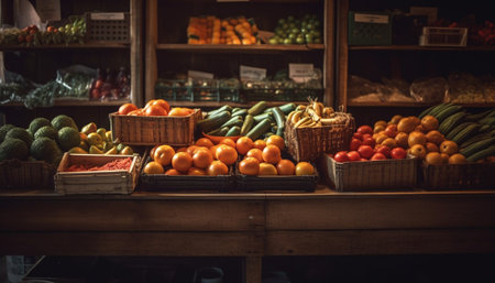 Abundant variety of fresh organic fruits and vegetables on rustic shelf generated by artificial intelligenceの素材