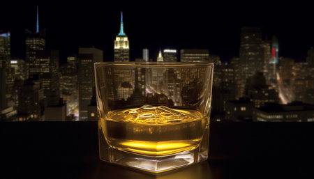 Luxury whiskey cocktail illuminated by cityscape at night outdoors generated by artificial intelligenceの素材