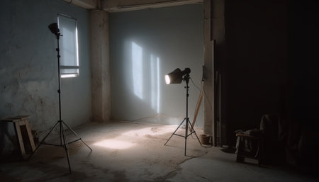 Modern studio equipment illuminates dark performance space for photography shoot generated by artificial intelligenceの素材