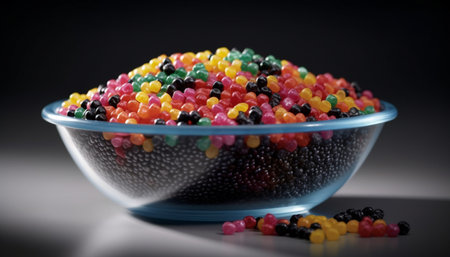 A colorful bowl of sweet candy and fruit variations generated by artificial intelligenceの素材
