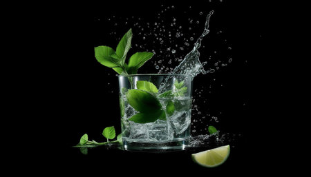 Refreshing mojito cocktail with lime, mint, and ice in glass generated by artificial intelligenceの素材