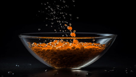 Fresh fruit dropping into glass of water on black background generated by artificial intelligenceの素材