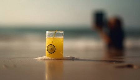 Refreshing cocktail in drinking glass on tropical coastline at sunset generated by artificial intelligenceの素材