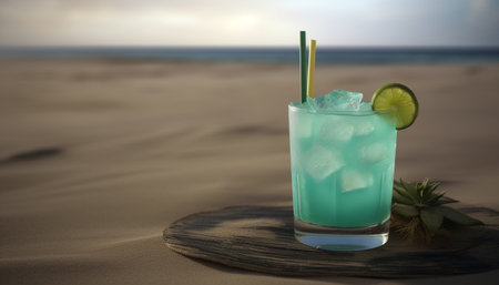 Refreshing tropical cocktail with ice, fruit, and mint leaf generated by artificial intelligenceの素材