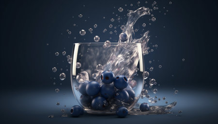 Fresh blue grapes levitate in a bowl of water drops generated by artificial intelligenceの素材